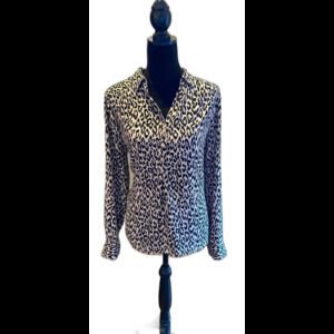 Dana Buchman Leopard Print Blouse Size Large Shirt Collared Pullover Long Sleeve
